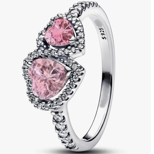 Anillo Doble Piedra Corazon Rosado